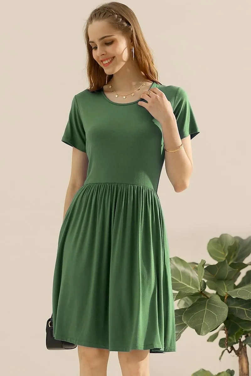 CREWNECK SHIRRED FLOWY SWING SHORT SLEEVE DRESSES