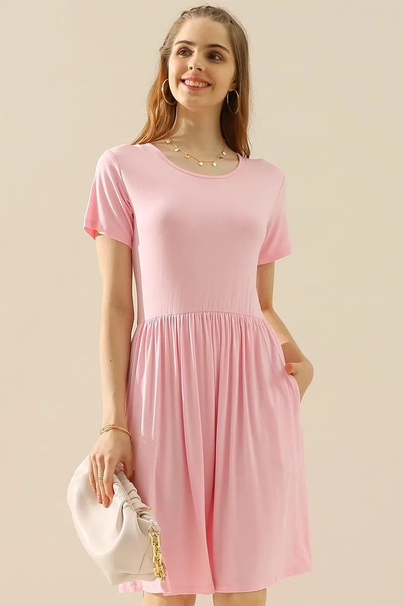 CREWNECK SHIRRED FLOWY SWING SHORT SLEEVE DRESSES