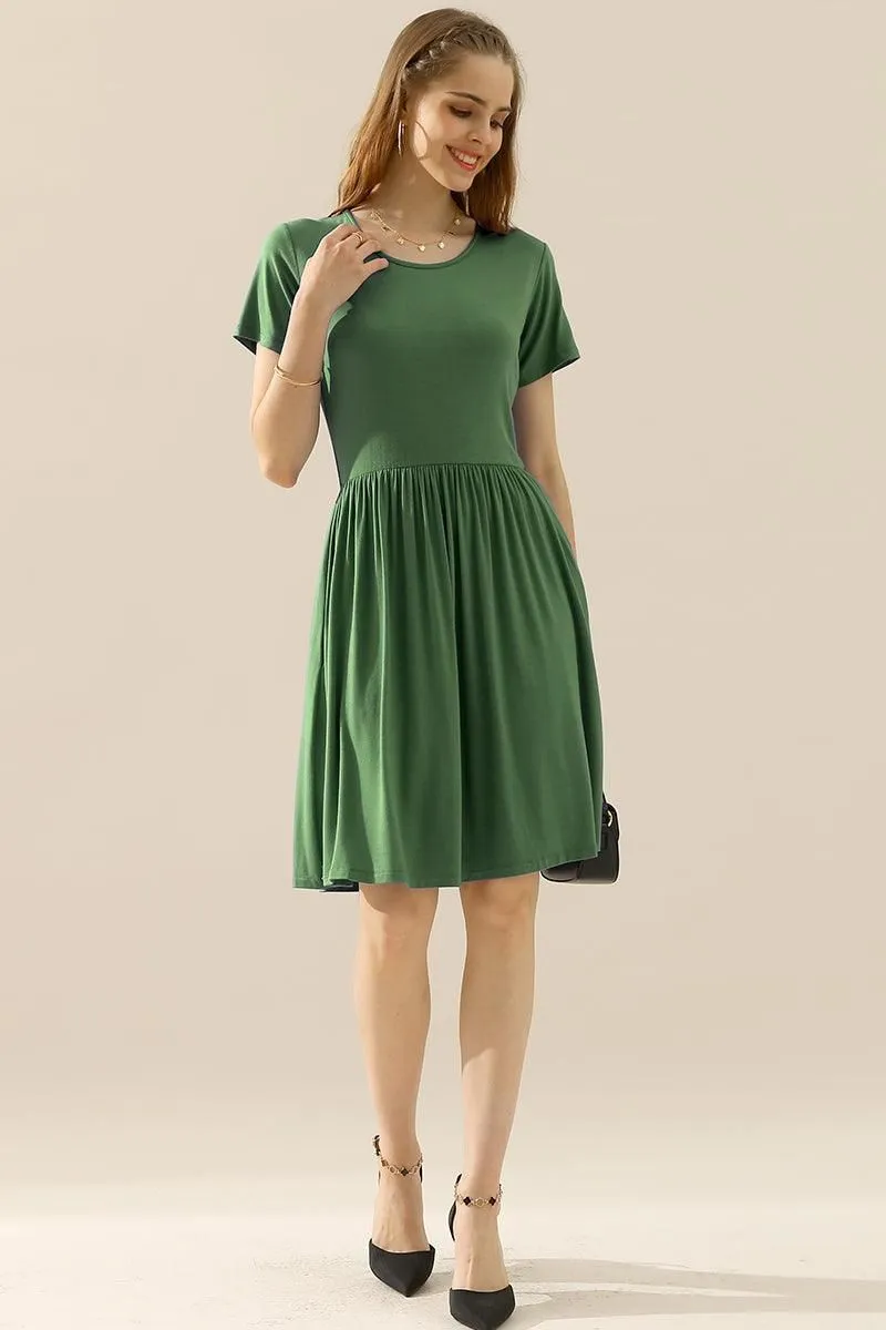 CREWNECK SHIRRED FLOWY SWING SHORT SLEEVE DRESSES