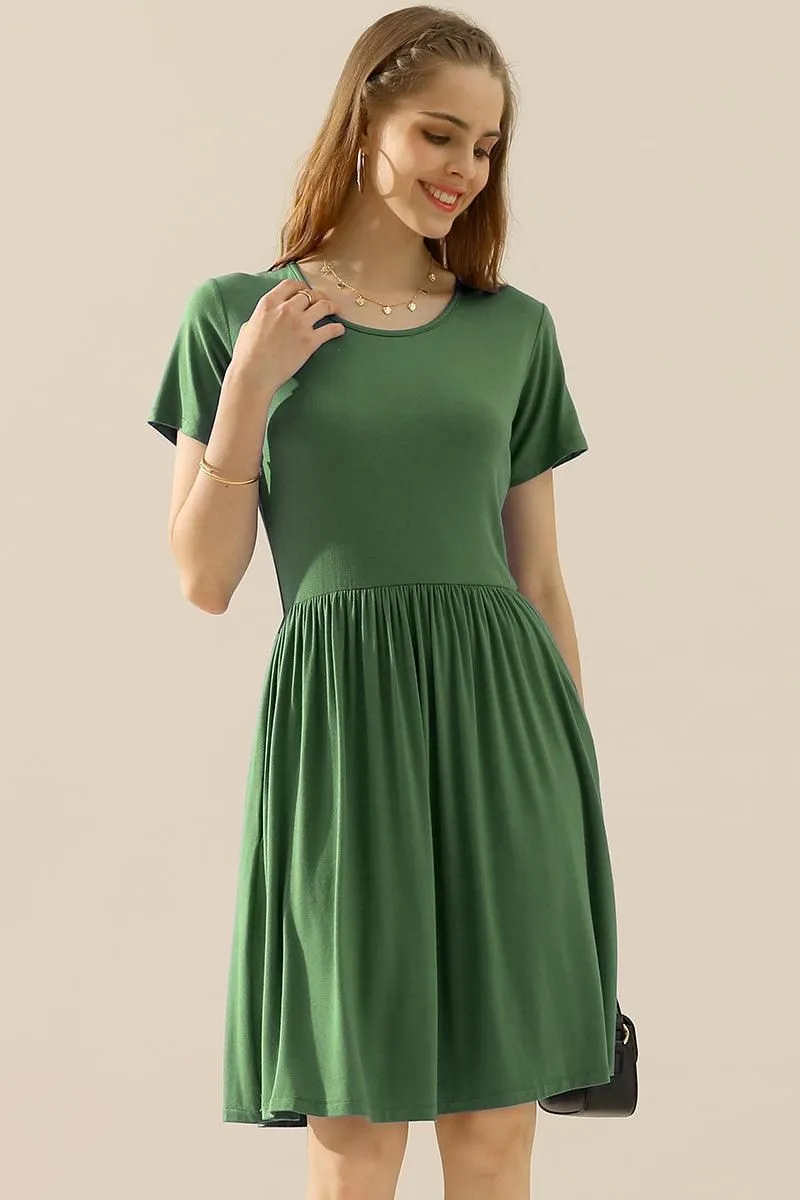 CREWNECK SHIRRED FLOWY SWING SHORT SLEEVE DRESSES