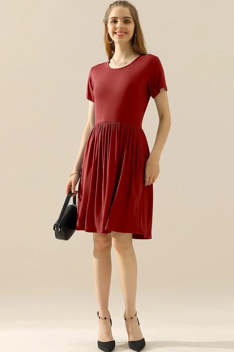 CREWNECK SHIRRED FLOWY SWING SHORT SLEEVE DRESSES