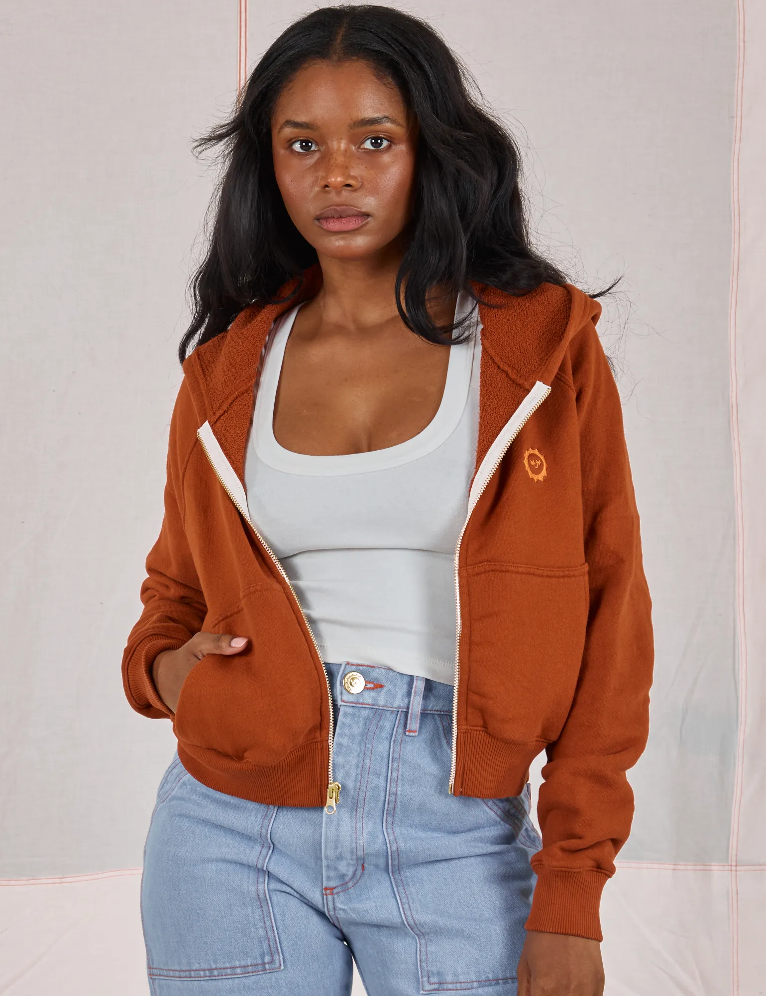 Cropped Zip Hoodie - Burnt Terracotta