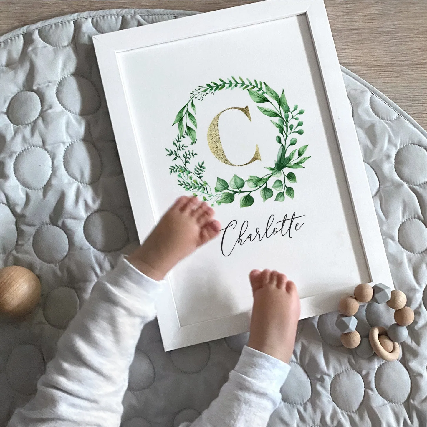 Custom Kids / Baby Initial & Name, in Natural Wreath (faux look foil) - Art Print