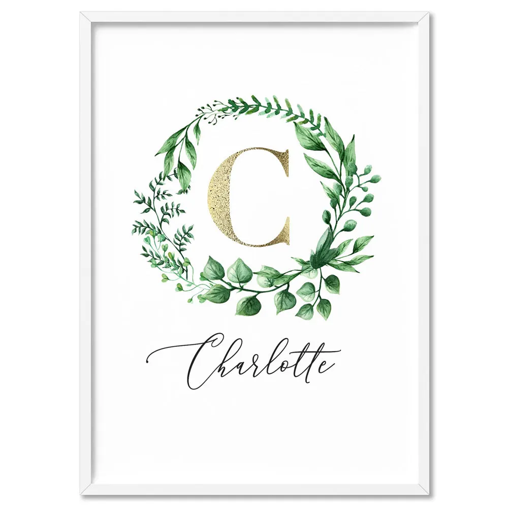 Custom Kids / Baby Initial & Name, in Natural Wreath (faux look foil) - Art Print