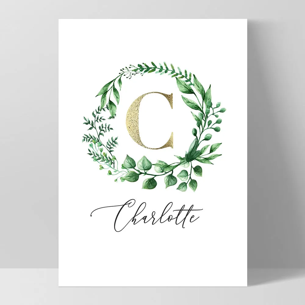 Custom Kids / Baby Initial & Name, in Natural Wreath (faux look foil) - Art Print