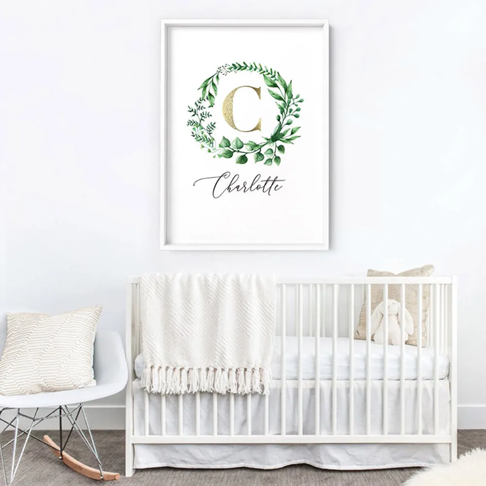 Custom Kids / Baby Initial & Name, in Natural Wreath (faux look foil) - Art Print