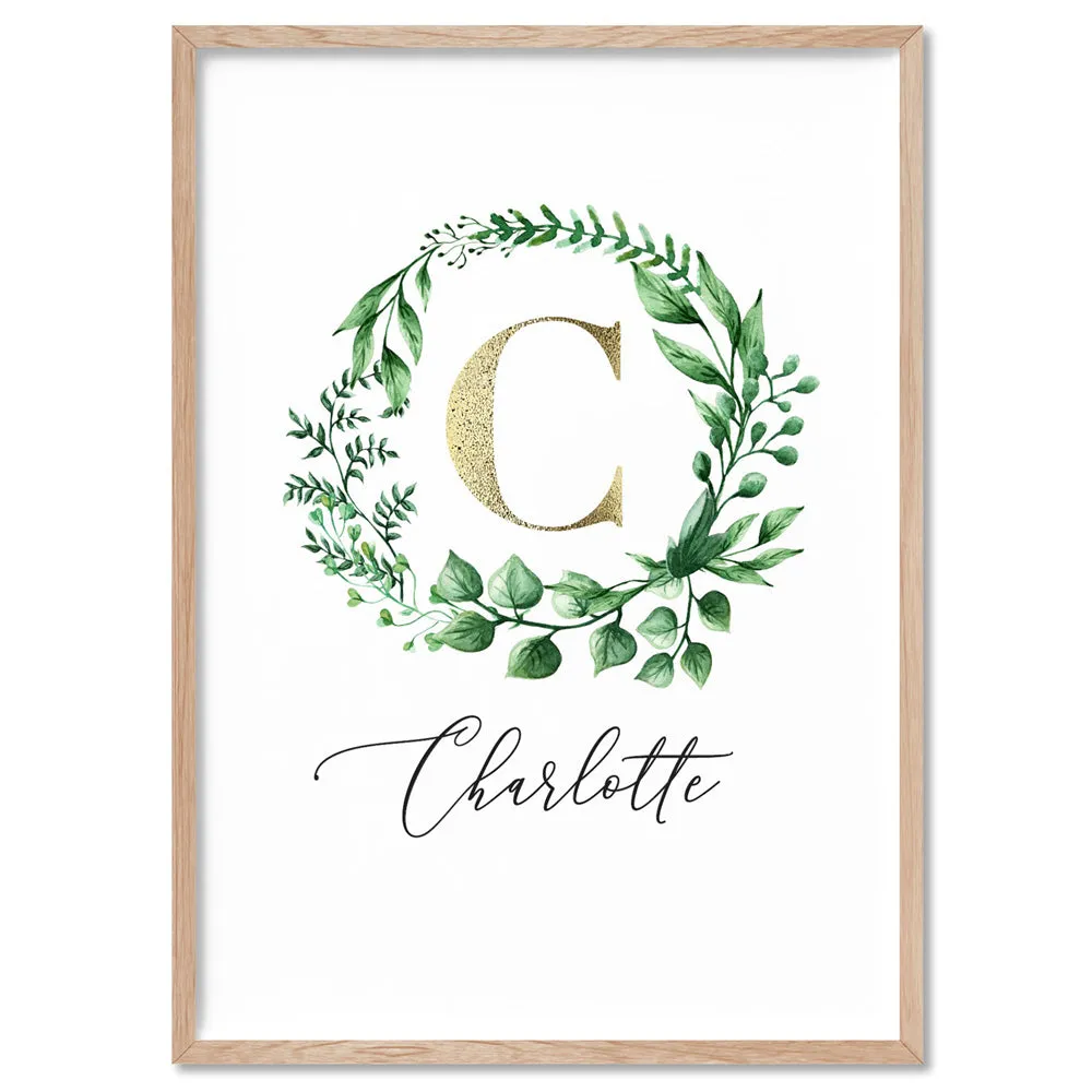 Custom Kids / Baby Initial & Name, in Natural Wreath (faux look foil) - Art Print