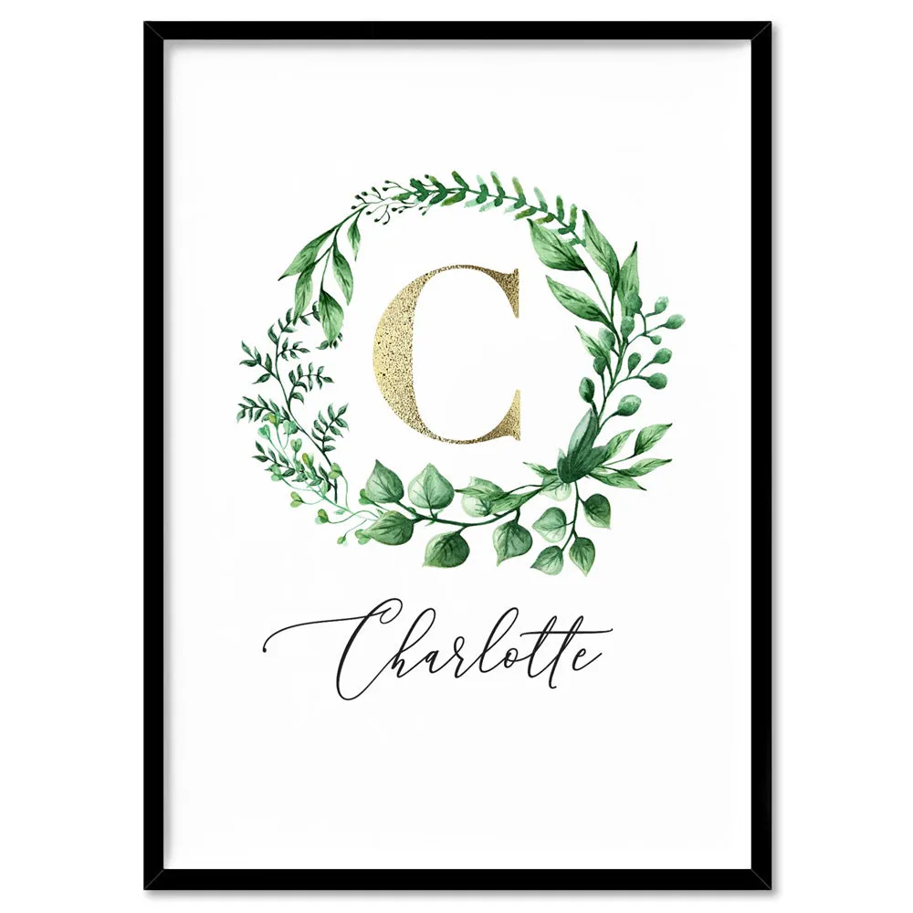 Custom Kids / Baby Initial & Name, in Natural Wreath (faux look foil) - Art Print