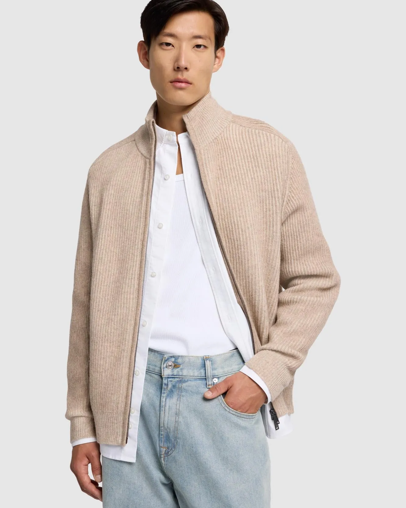 Double Zip Merino Cardigan in Beige