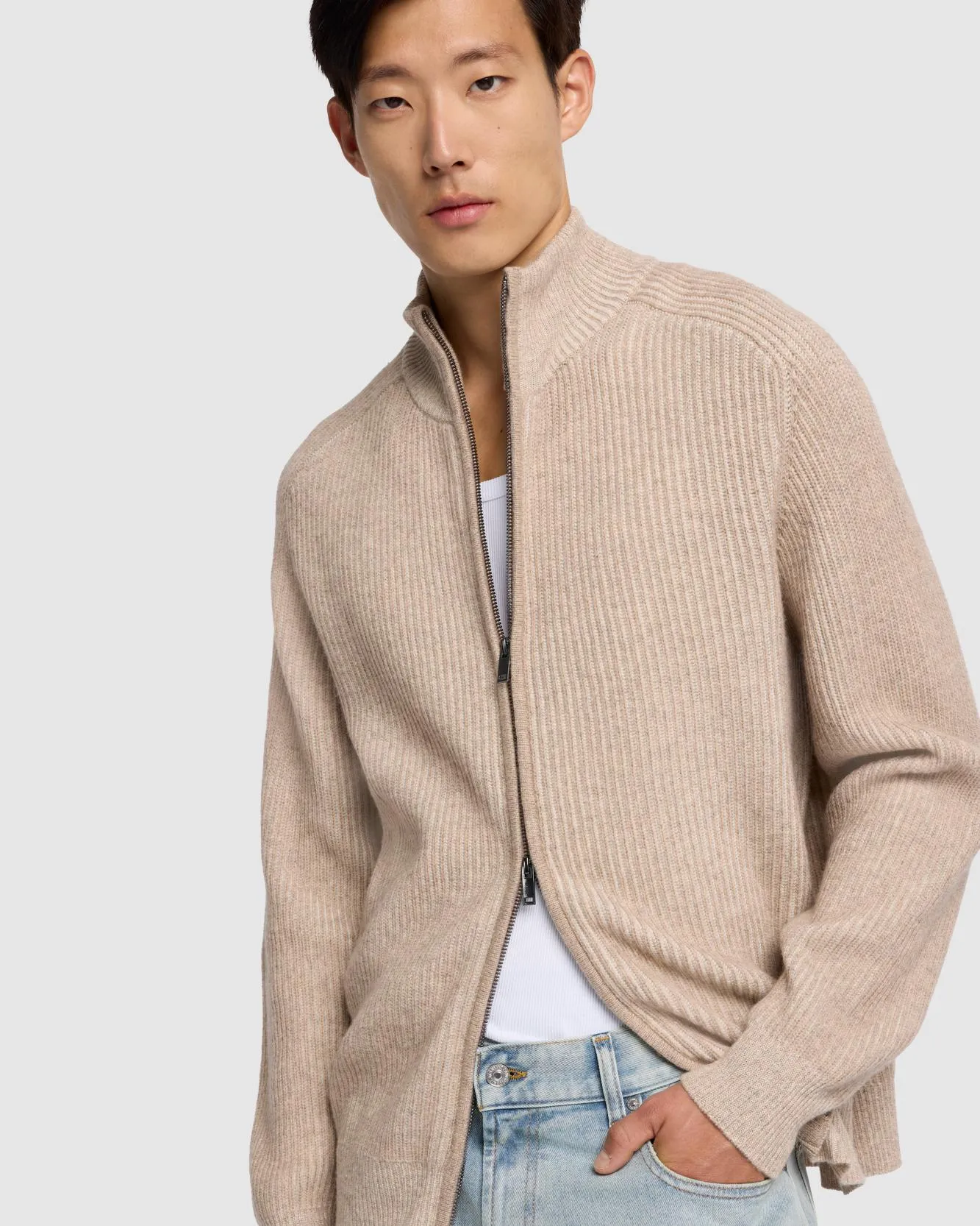 Double Zip Merino Cardigan in Beige