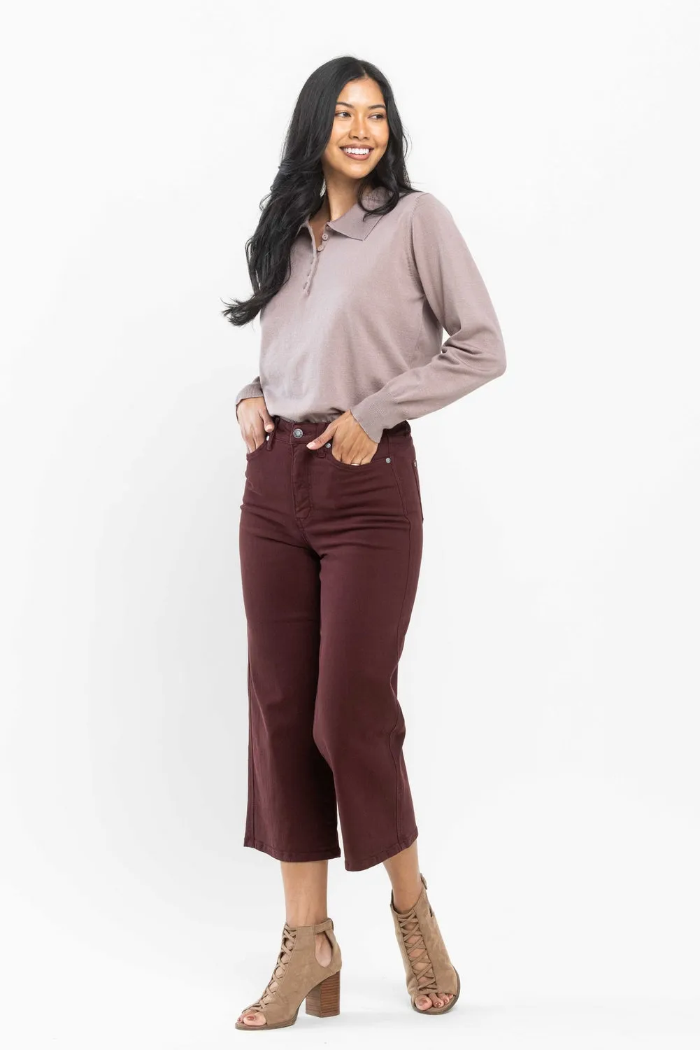 Eva High Rise Tummy Control Burgundy Wide Leg Jeans - PLUS