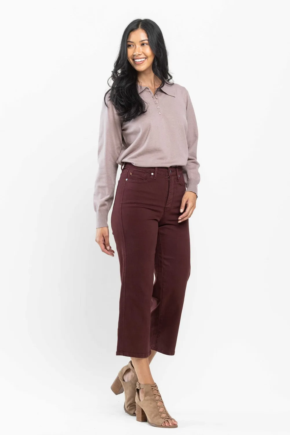 Eva High Rise Tummy Control Burgundy Wide Leg Jeans - PLUS