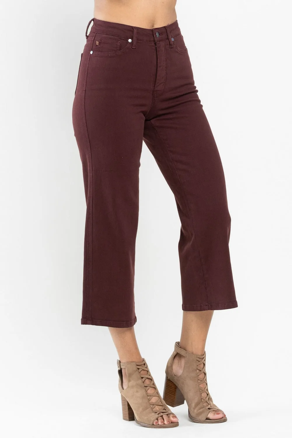 Eva High Rise Tummy Control Burgundy Wide Leg Jeans - PLUS