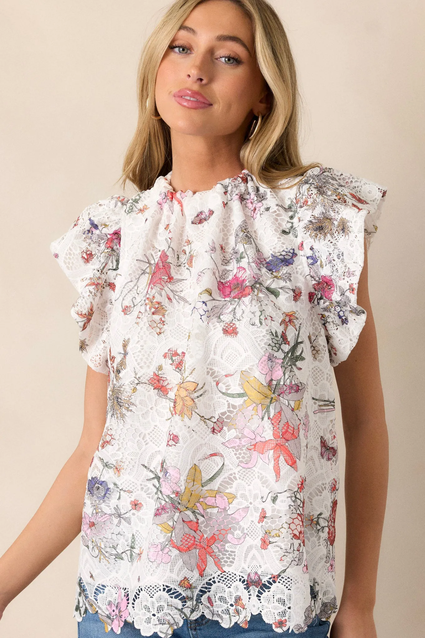 Flora Fauna White Multi Floral Lace Top