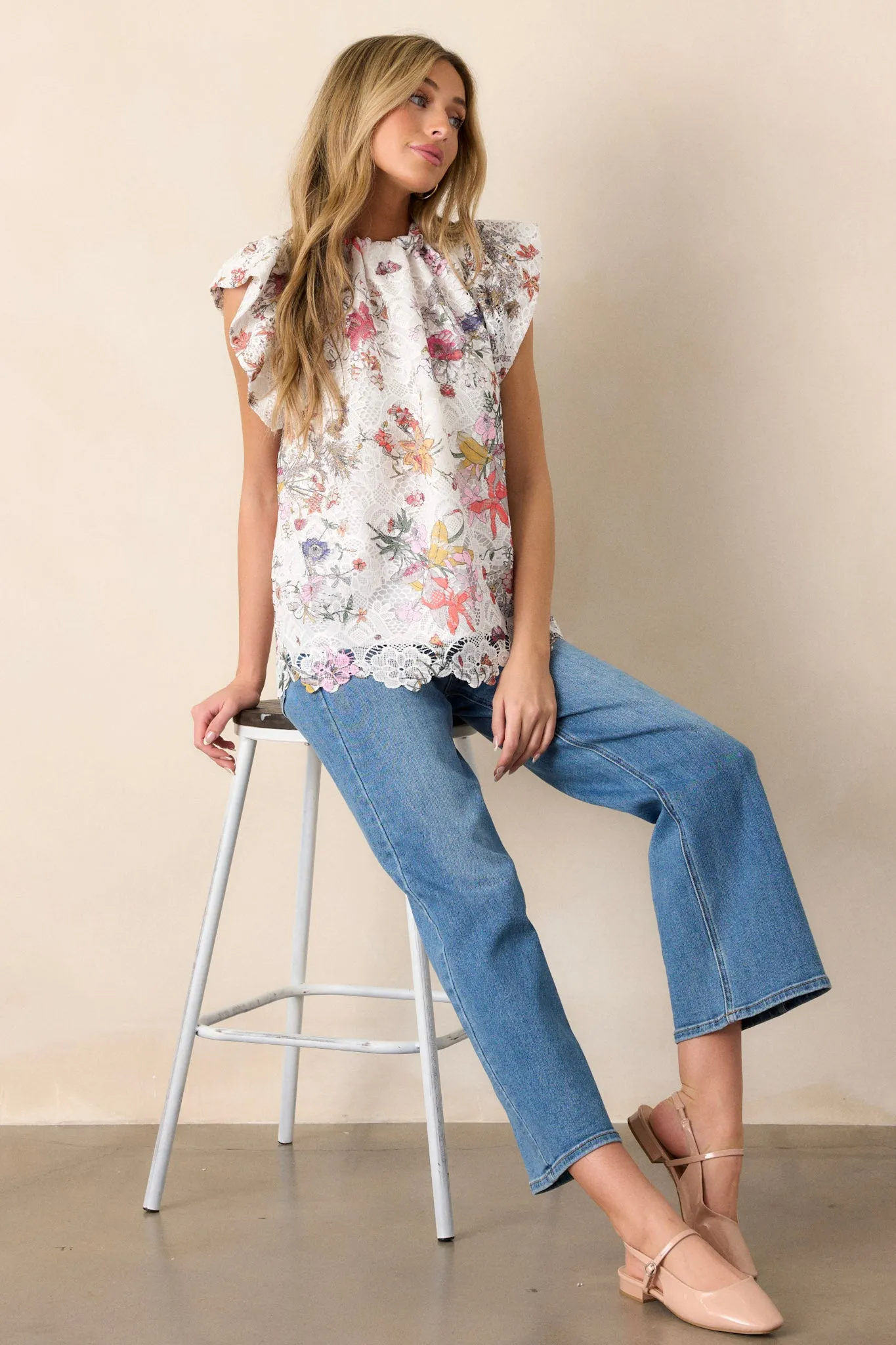 Flora Fauna White Multi Floral Lace Top