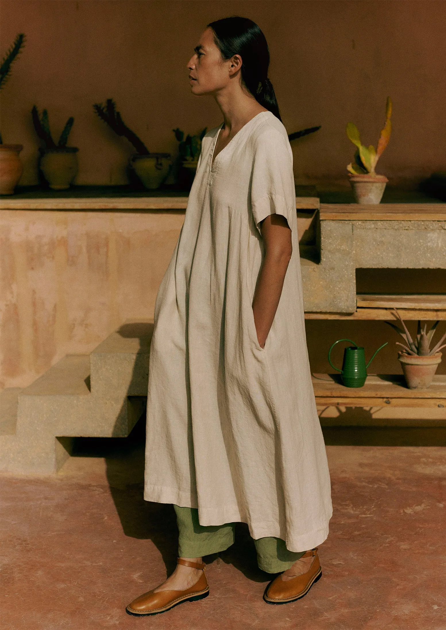 Garment Dyed Linen V-Neck Dress | Stone