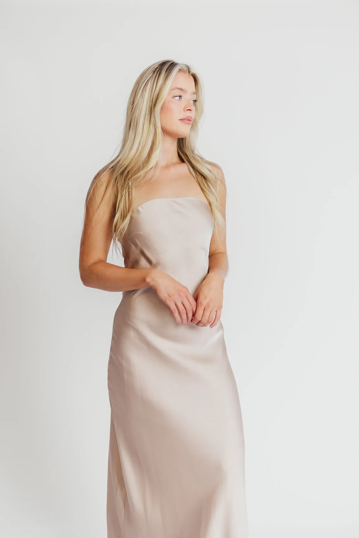 Going Out Strapless Bias Cut Maxi Dress in Champagne