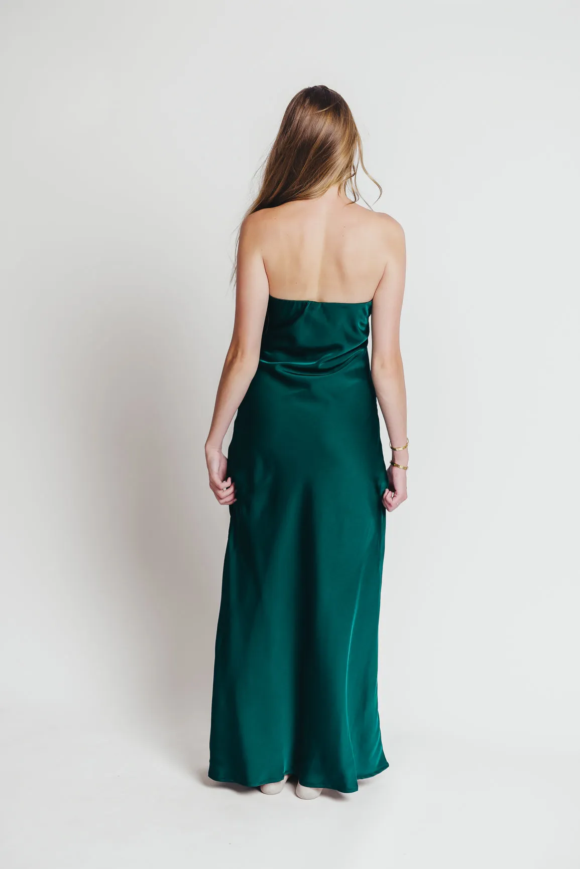 Going Out Strapless Bias Cut Maxi Dress in Hunter Green