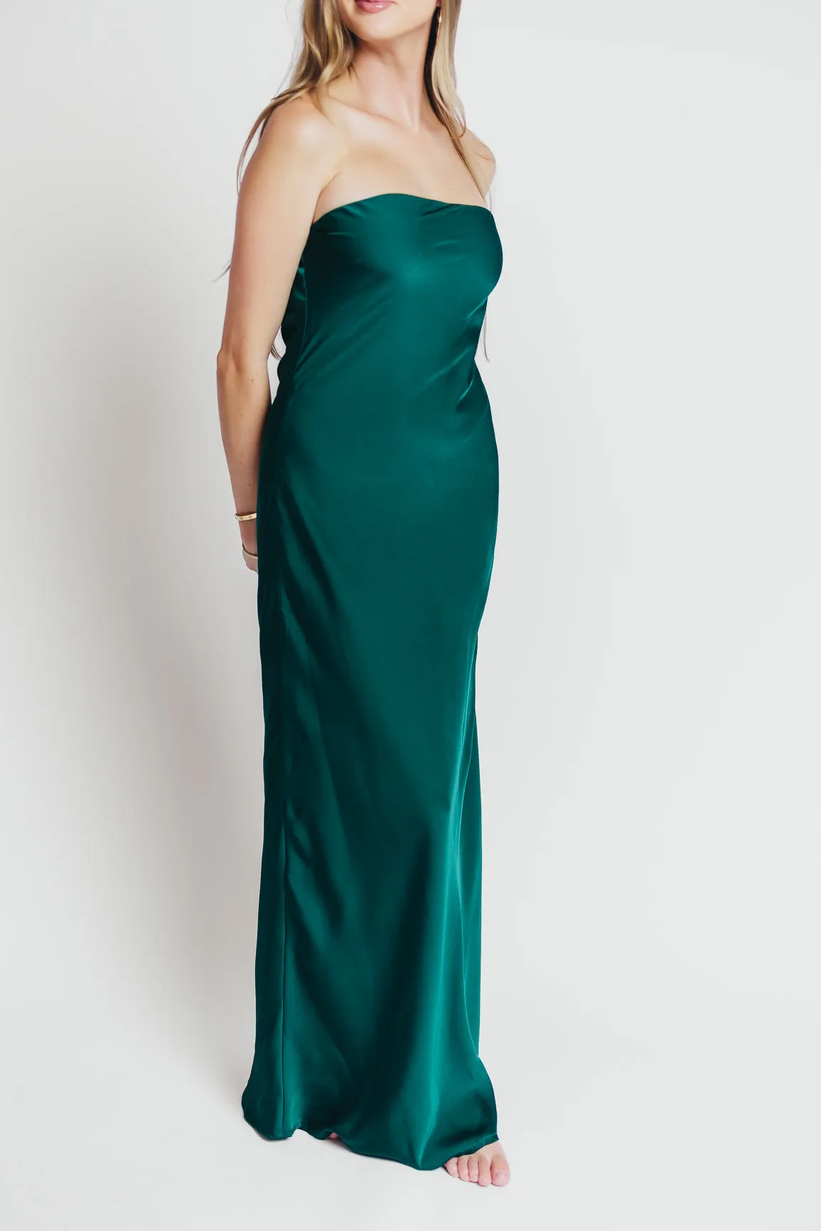 Going Out Strapless Bias Cut Maxi Dress in Hunter Green