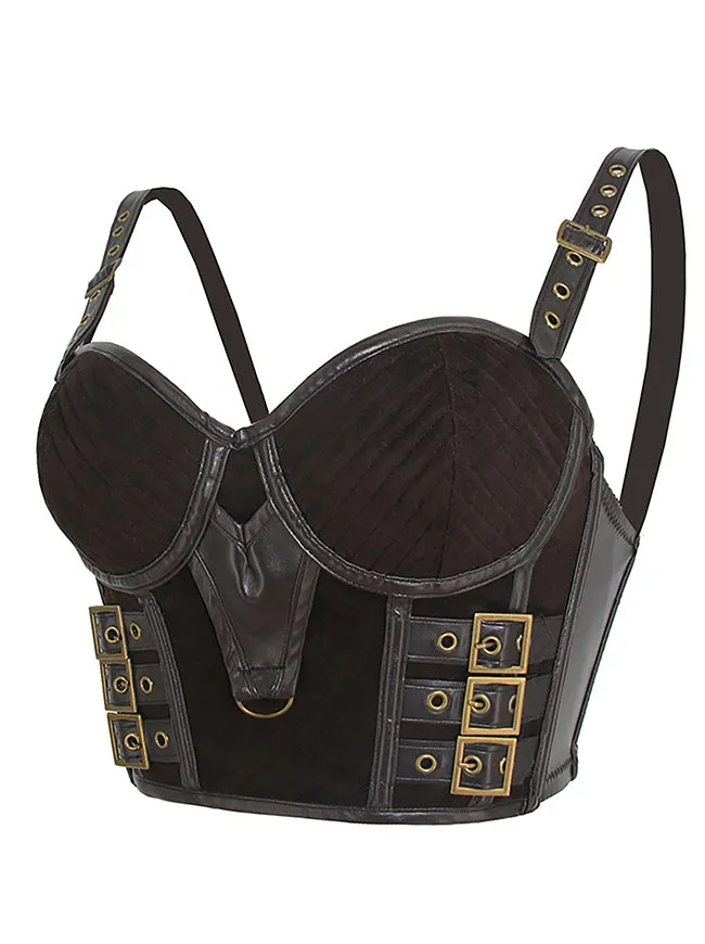 Gothic Spaghetti Straps Faux Leather Bustier Crop Top with Buckles