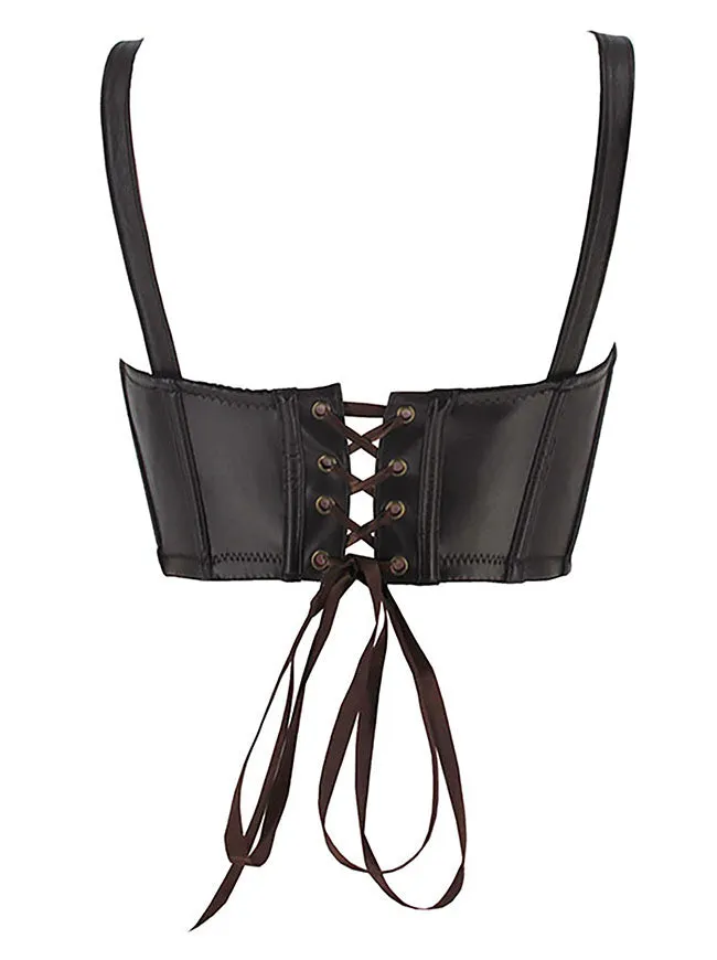 Gothic Spaghetti Straps Faux Leather Bustier Crop Top with Buckles