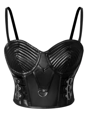 Gothic Spaghetti Straps Faux Leather Bustier Crop Top with Buckles