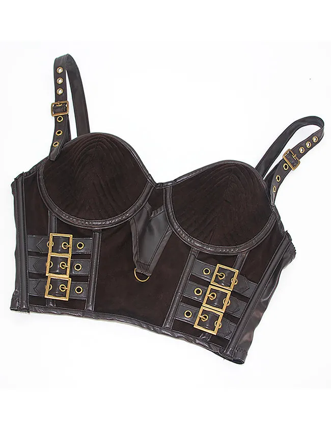 Gothic Spaghetti Straps Faux Leather Bustier Crop Top with Buckles