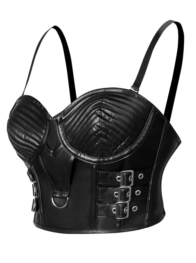 Gothic Spaghetti Straps Faux Leather Bustier Crop Top with Buckles