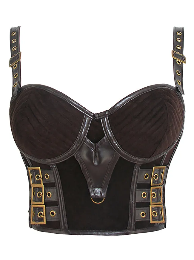 Gothic Spaghetti Straps Faux Leather Bustier Crop Top with Buckles