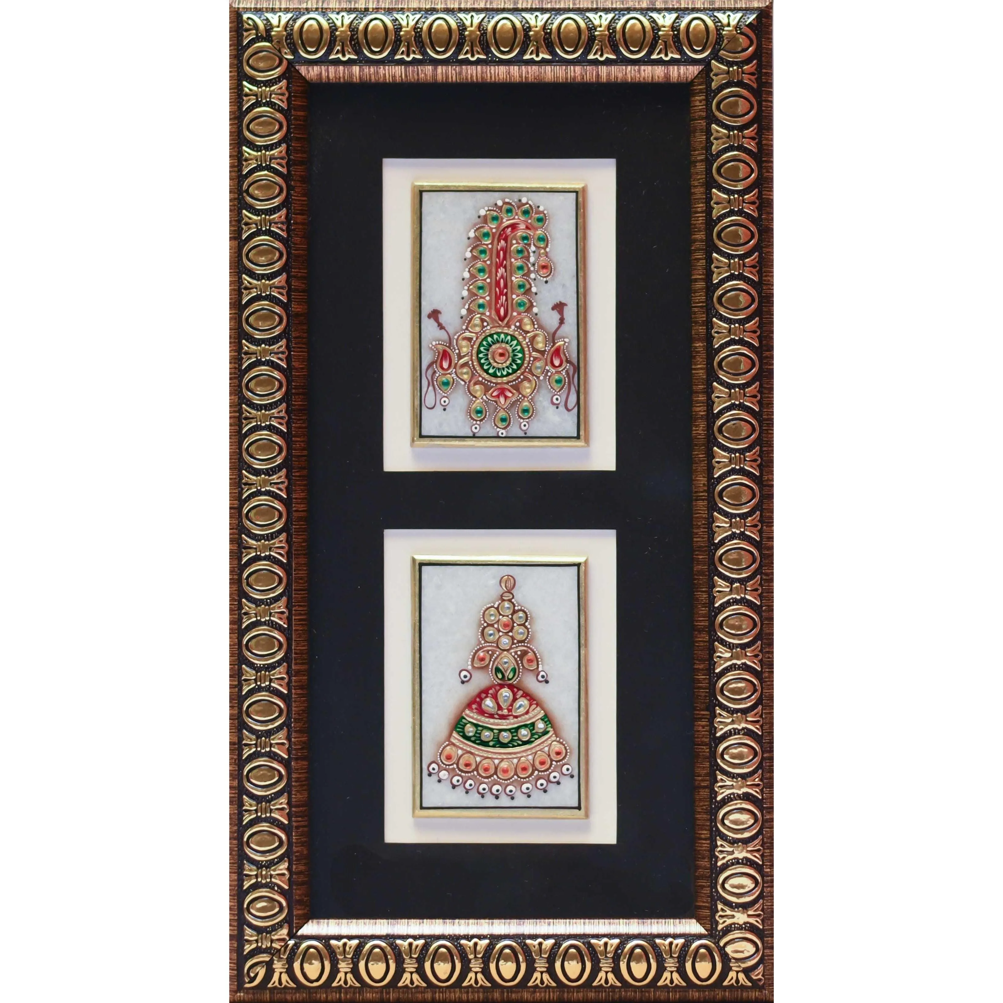 Handcrafted Jewelry Painting, Gold Leaf Meenakari Art, Two Marble Miniature - Wall decor