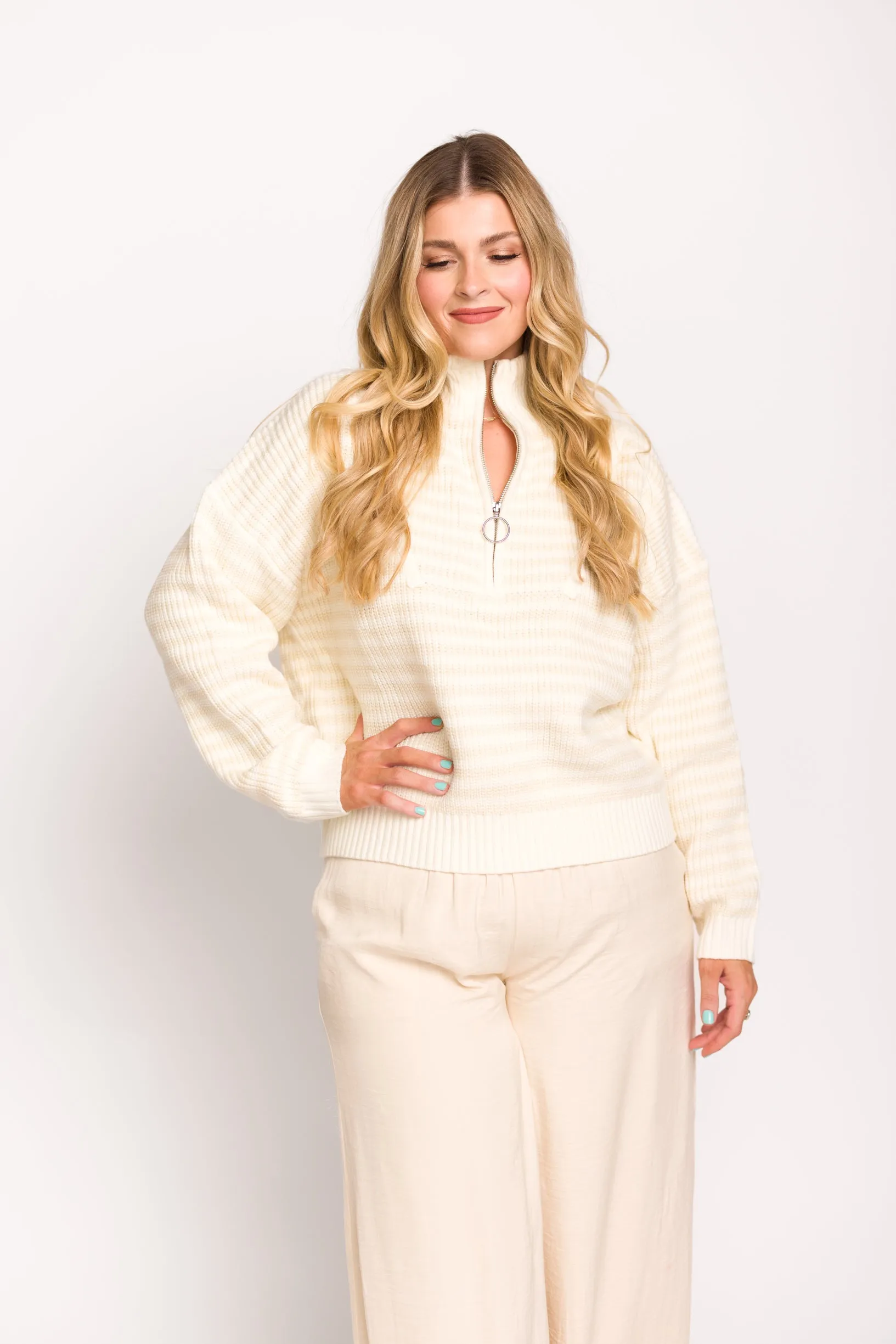 Hazel Half-Zip Striped Sweater in Ecru