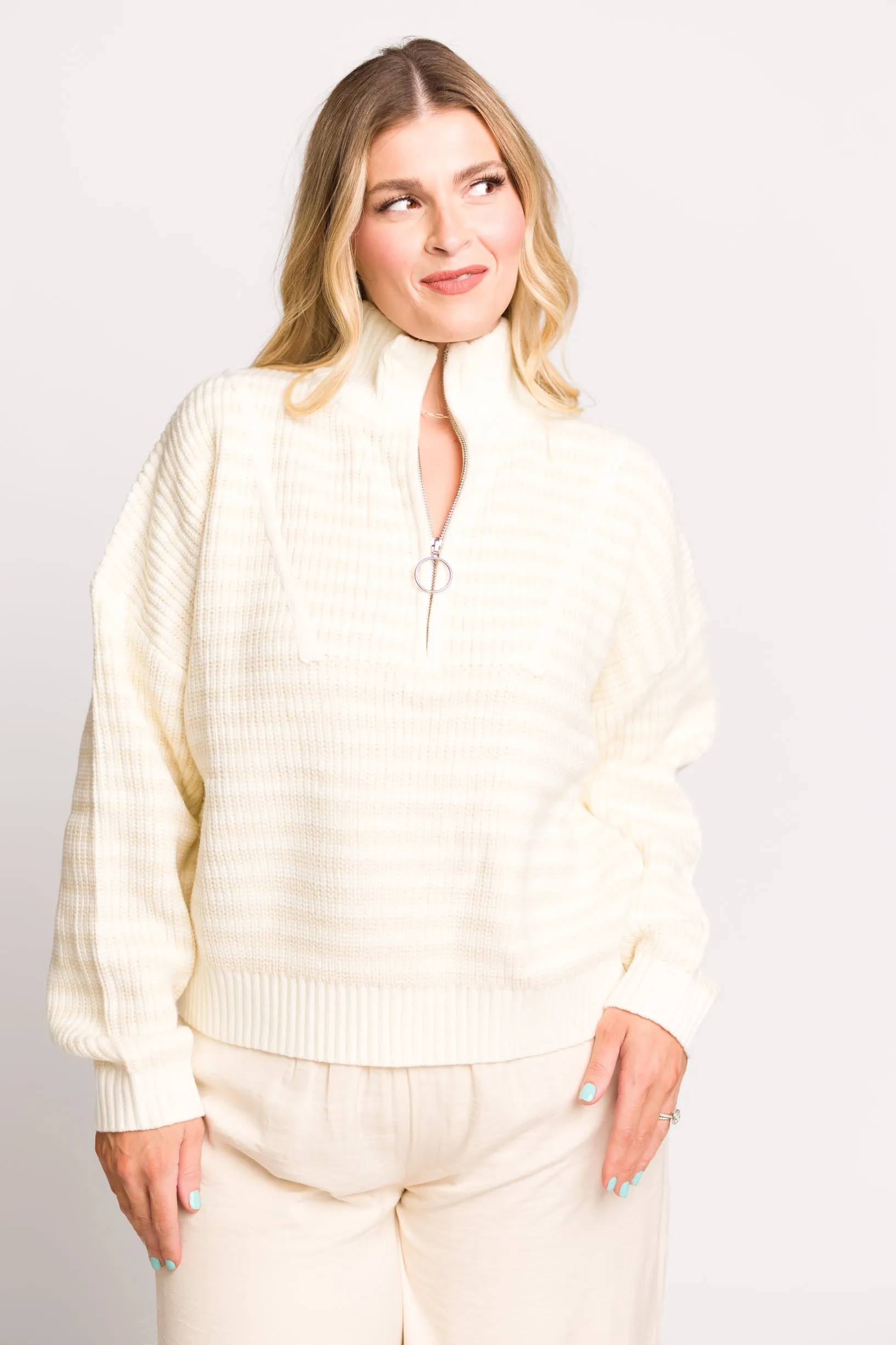 Hazel Half-Zip Striped Sweater in Ecru