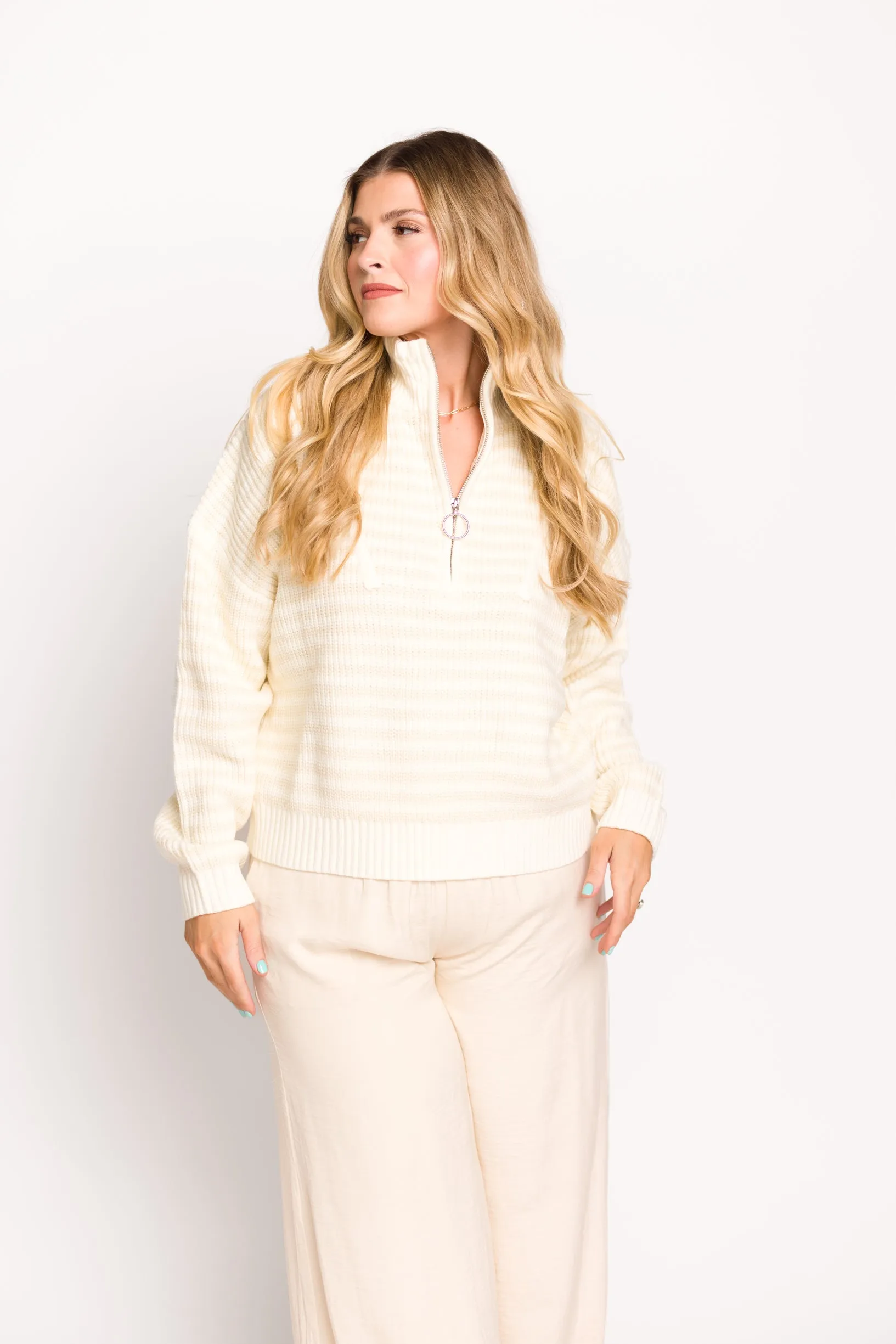 Hazel Half-Zip Striped Sweater in Ecru