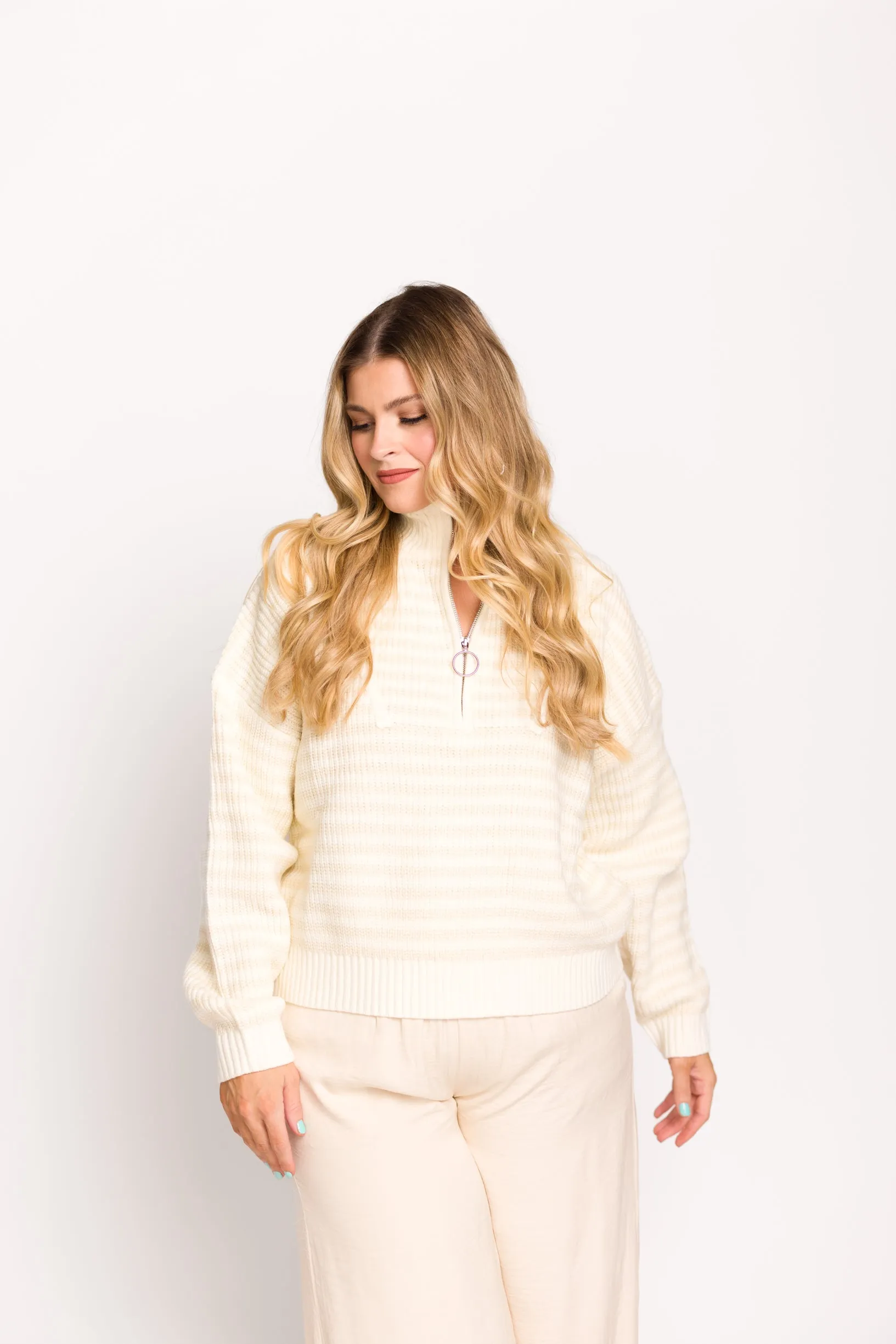 Hazel Half-Zip Striped Sweater in Ecru