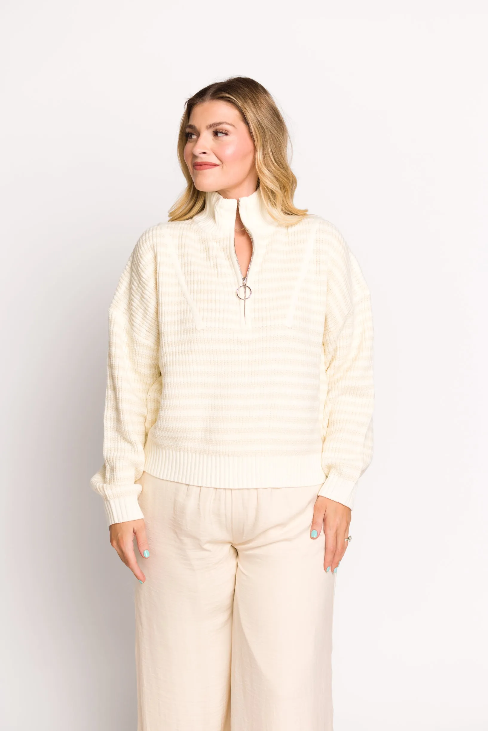 Hazel Half-Zip Striped Sweater in Ecru