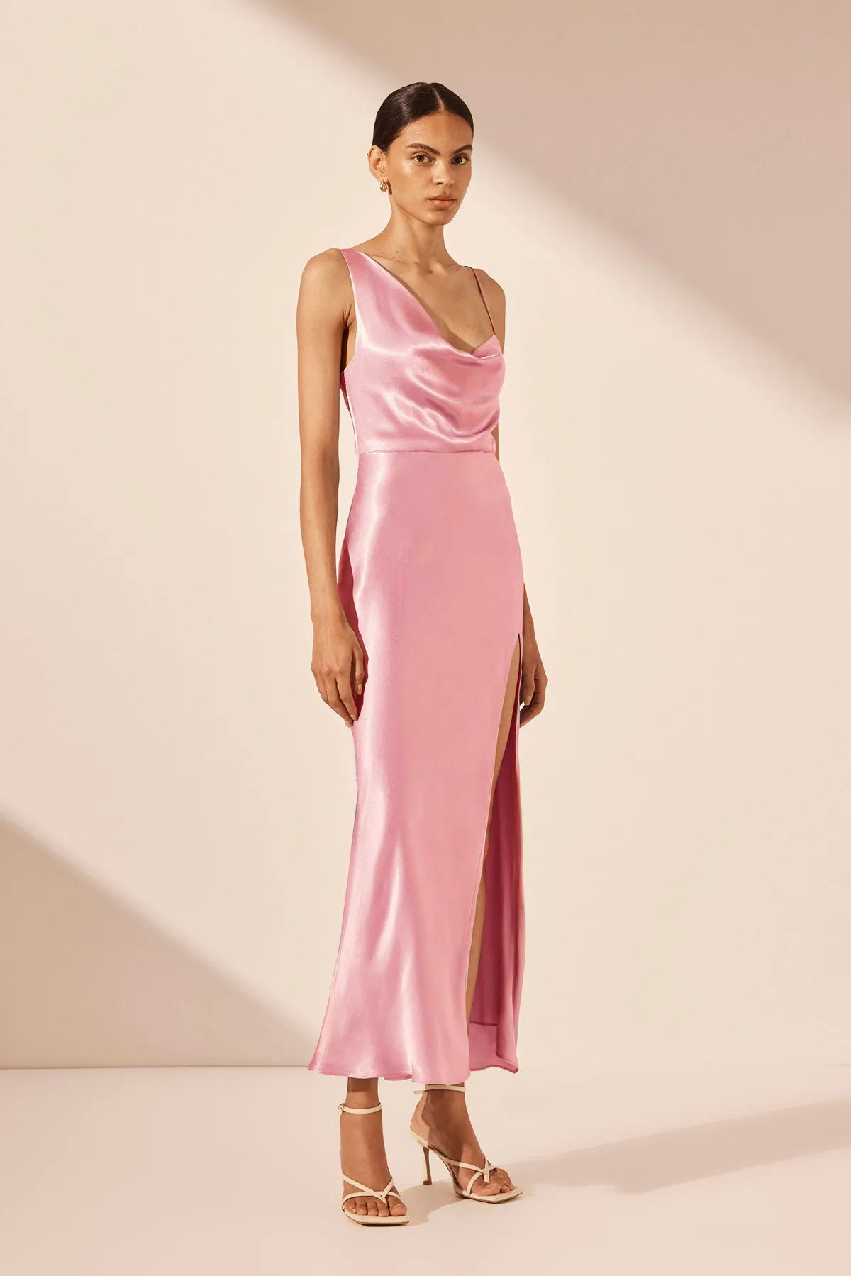 LA LUNE DRAPED SIDE SPLIT MIDI DRESS - PEONY