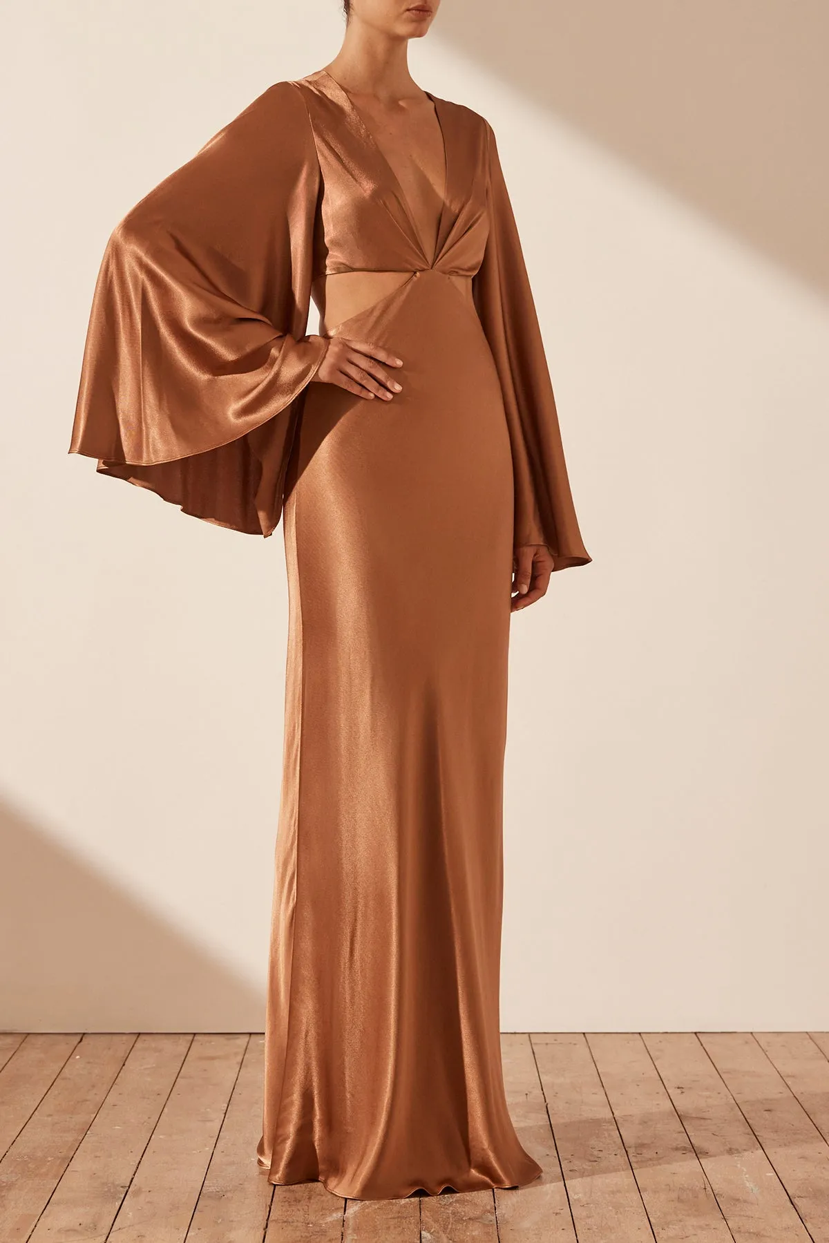 LA LUNE FLARED SLEEVE OPEN BACK MAXI DRESS - ALMOND