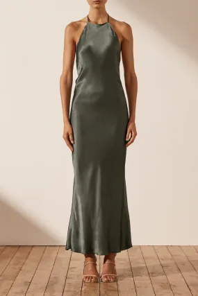 LA LUNE LOW BACK HALTER NECK MIDI DRESS - OLIVE