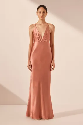 LA LUNE PLUNGED OPEN BACK HALTER MAXI DRESS - ANTIQUE ROSE