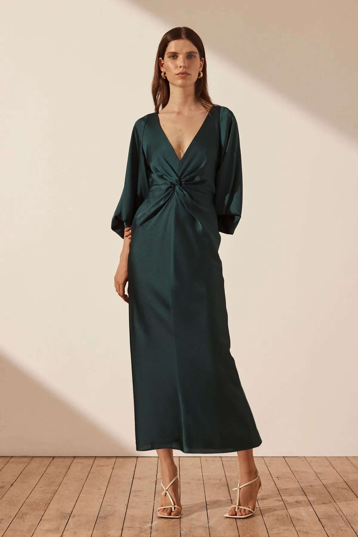 LUXE BALLOON SLEEVE KNOT FRONT MIDI DRESS - EMERALD