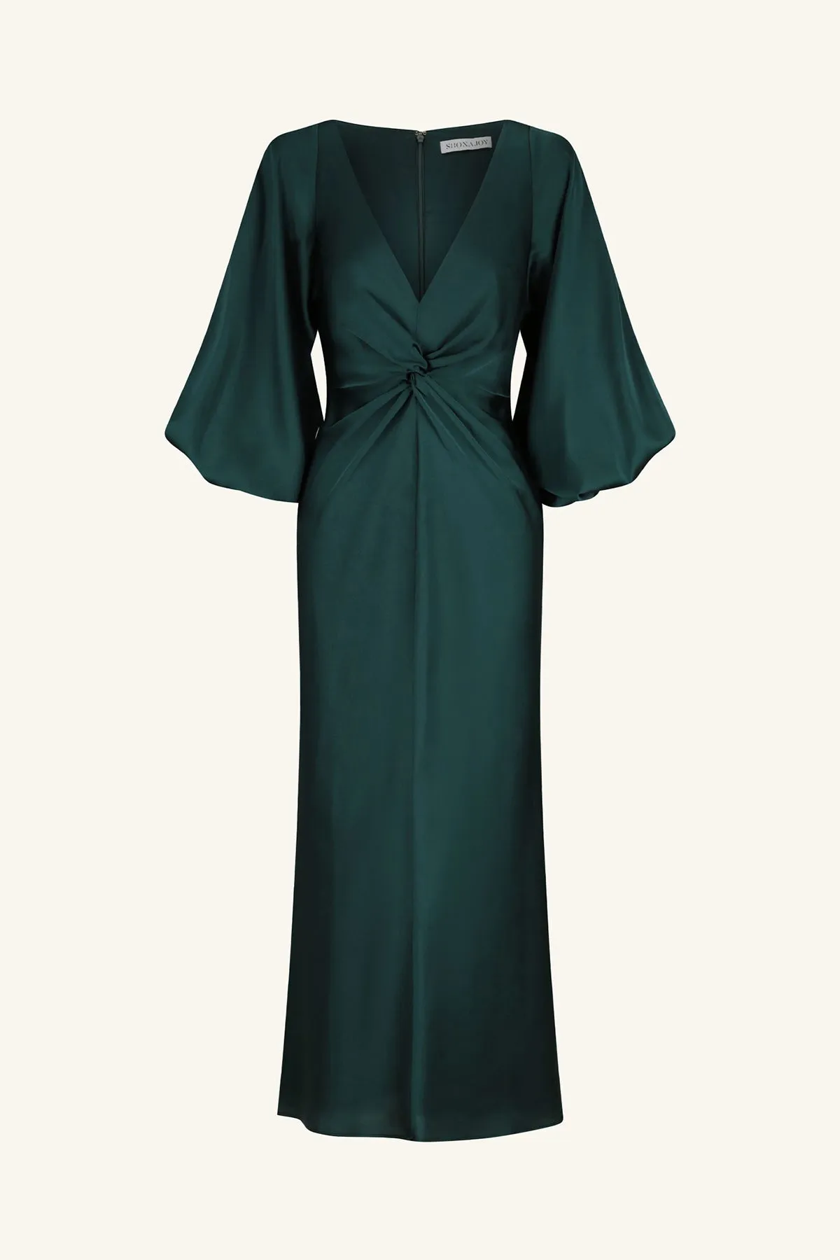 LUXE BALLOON SLEEVE KNOT FRONT MIDI DRESS - EMERALD