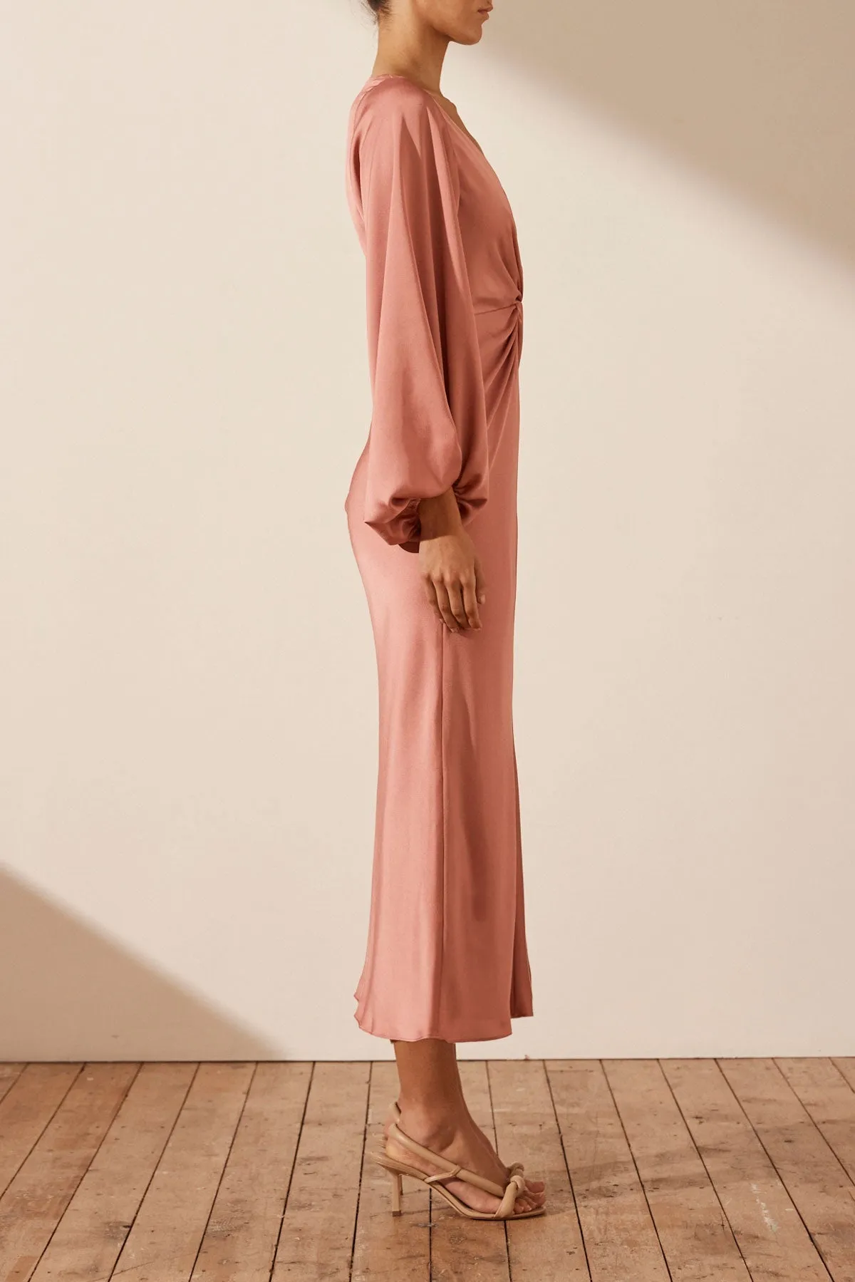 LUXE BALLOON SLEEVE KNOT FRONT MIDI DRESS - ROSE