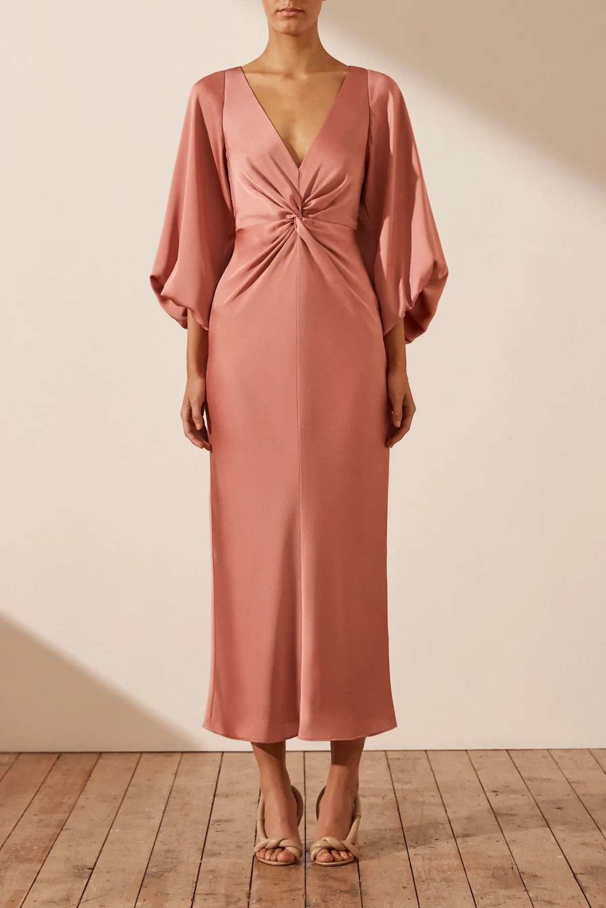 LUXE BALLOON SLEEVE KNOT FRONT MIDI DRESS - ROSE