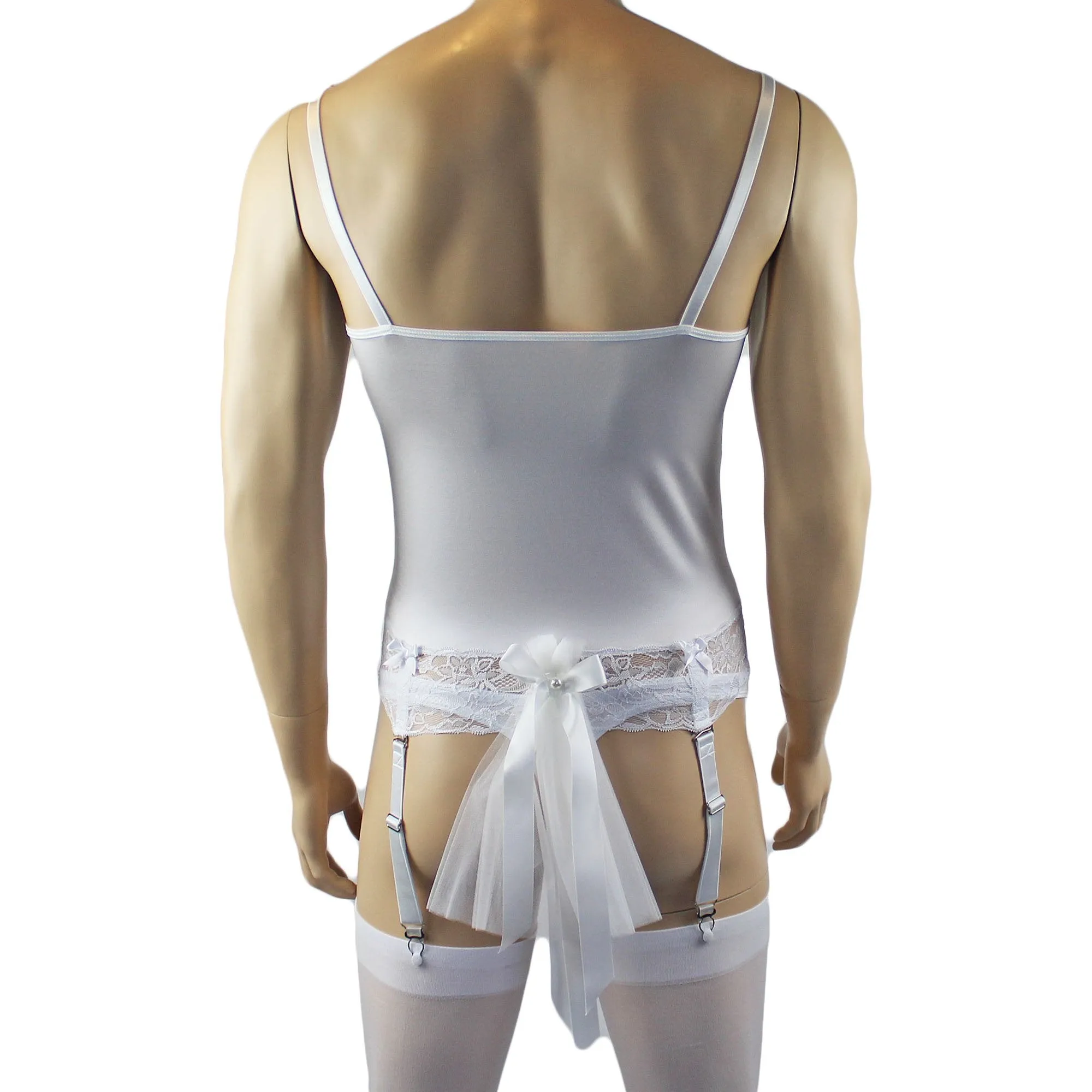 Male Romance Bridal Wedding Stretch Spandex Corset Set with Veil for Lingerie Men White