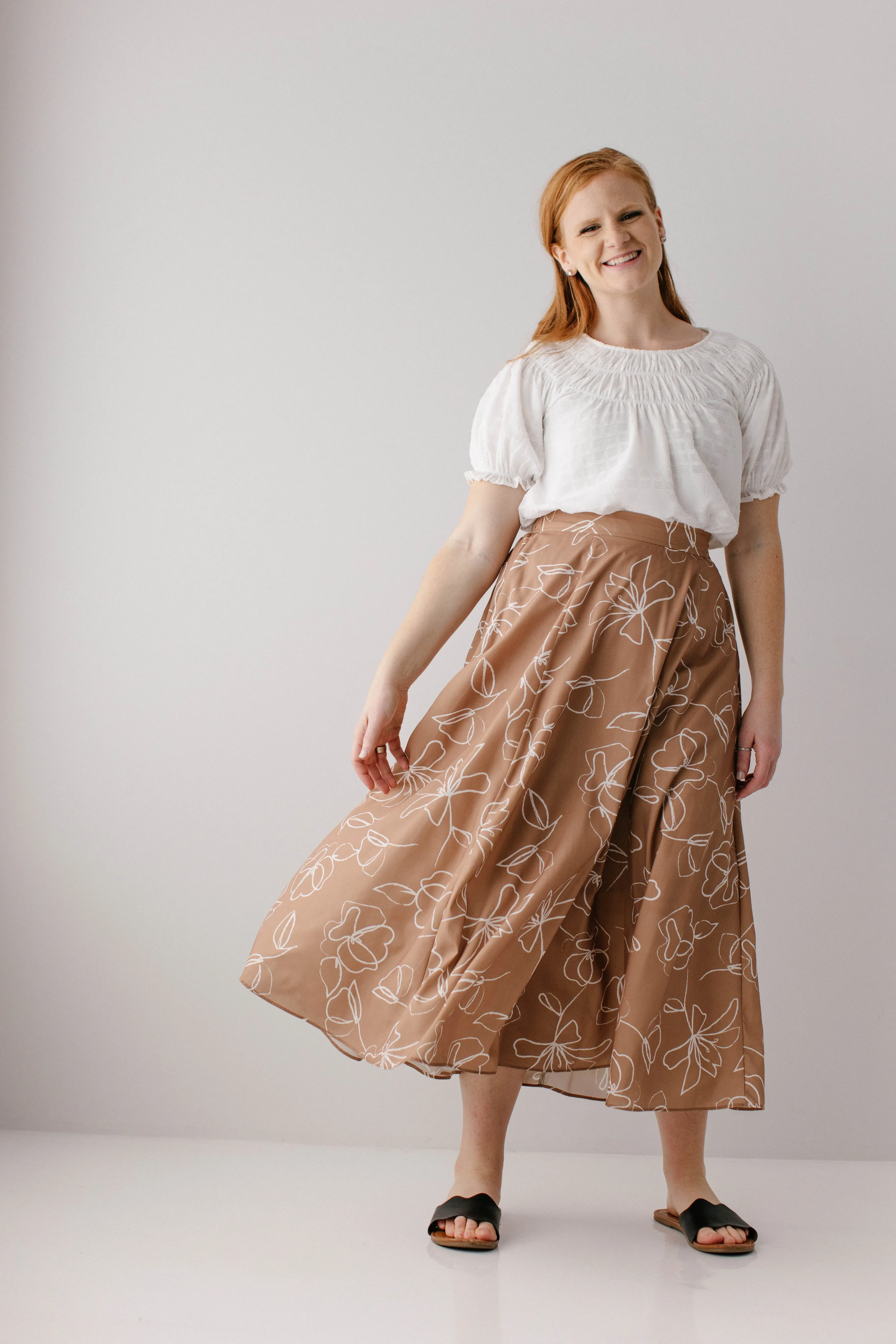 'Meadow' Abstract Floral Flared Midi Skirt in Mocha FINAL SALE