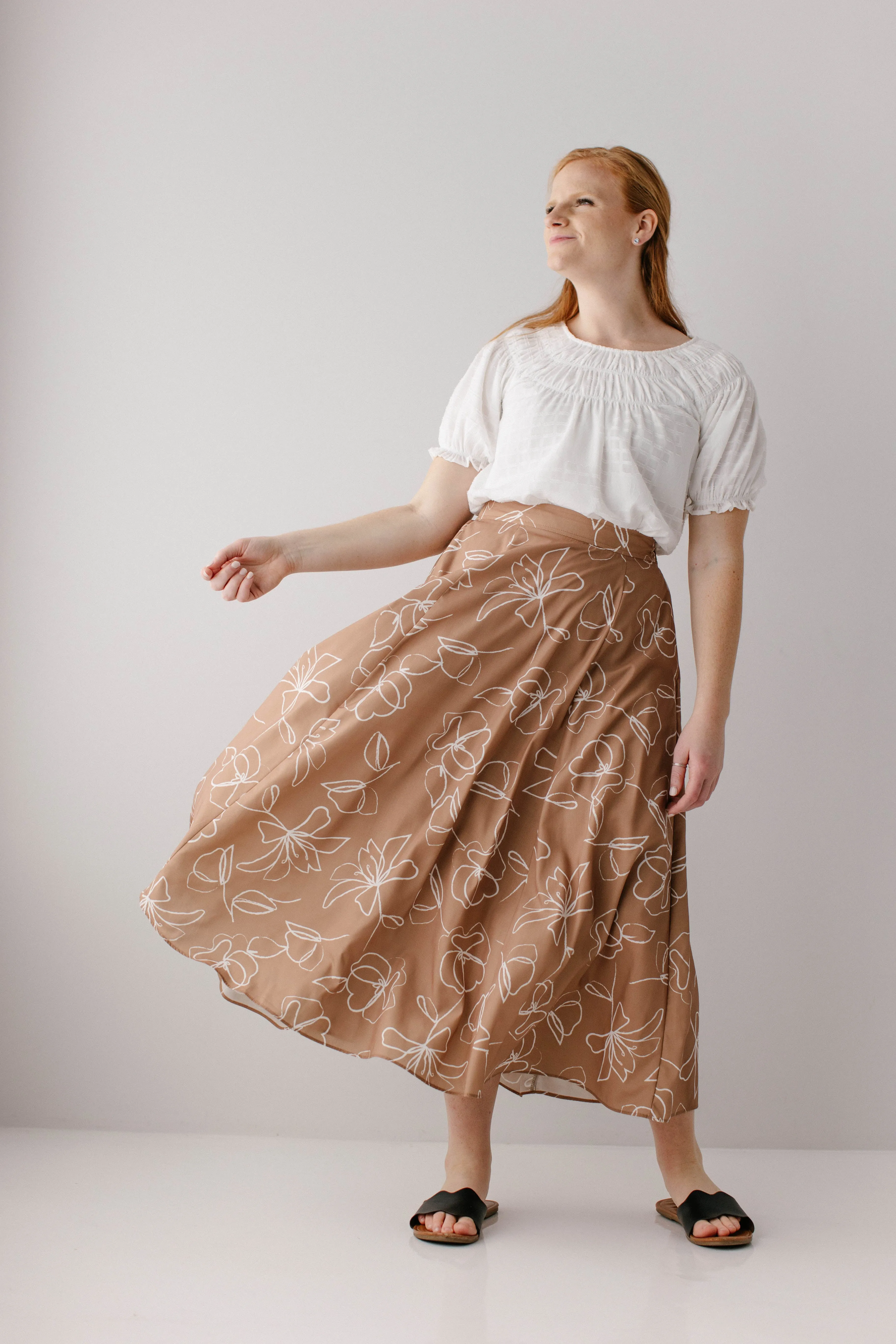 'Meadow' Abstract Floral Flared Midi Skirt in Mocha FINAL SALE