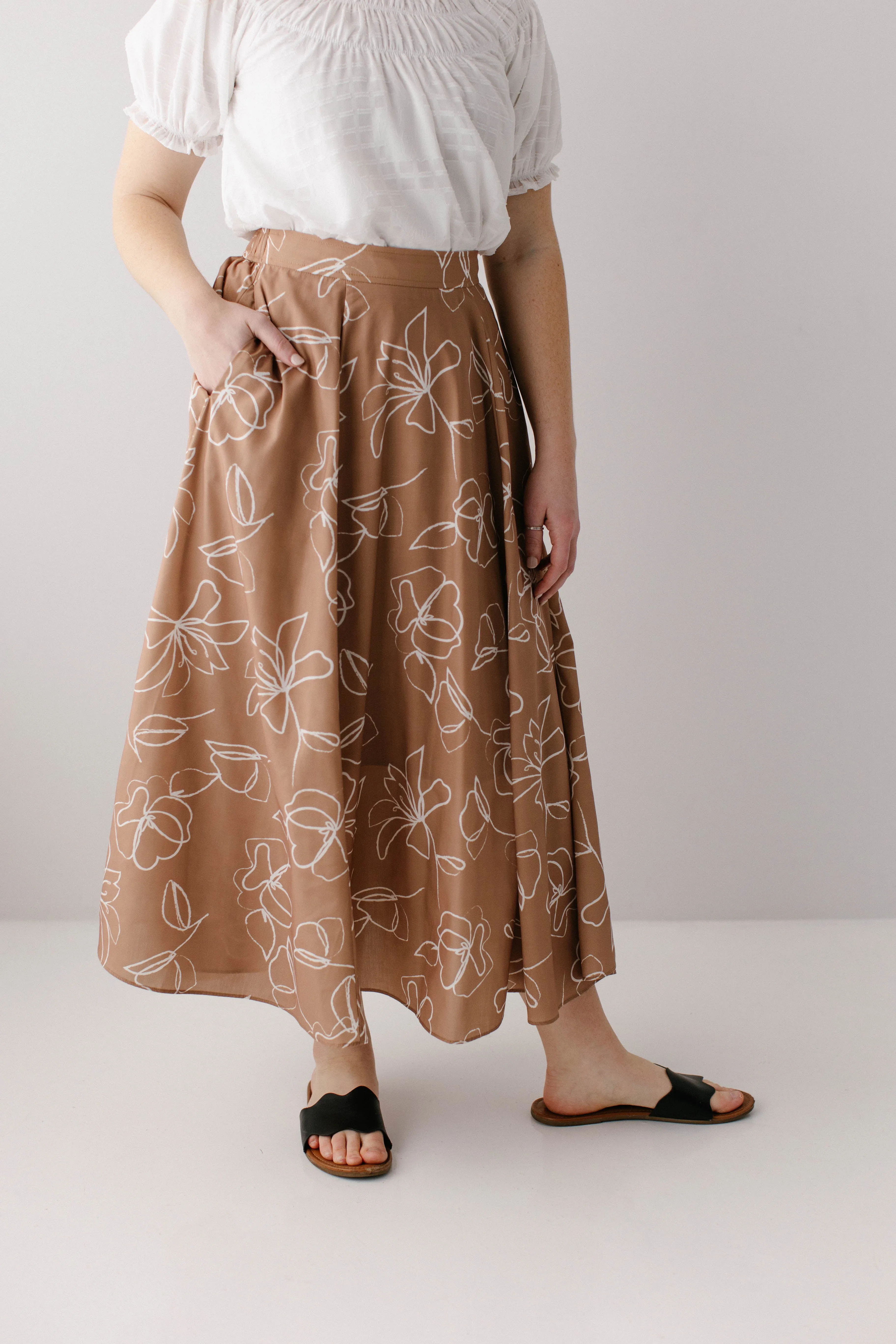 'Meadow' Abstract Floral Flared Midi Skirt in Mocha FINAL SALE