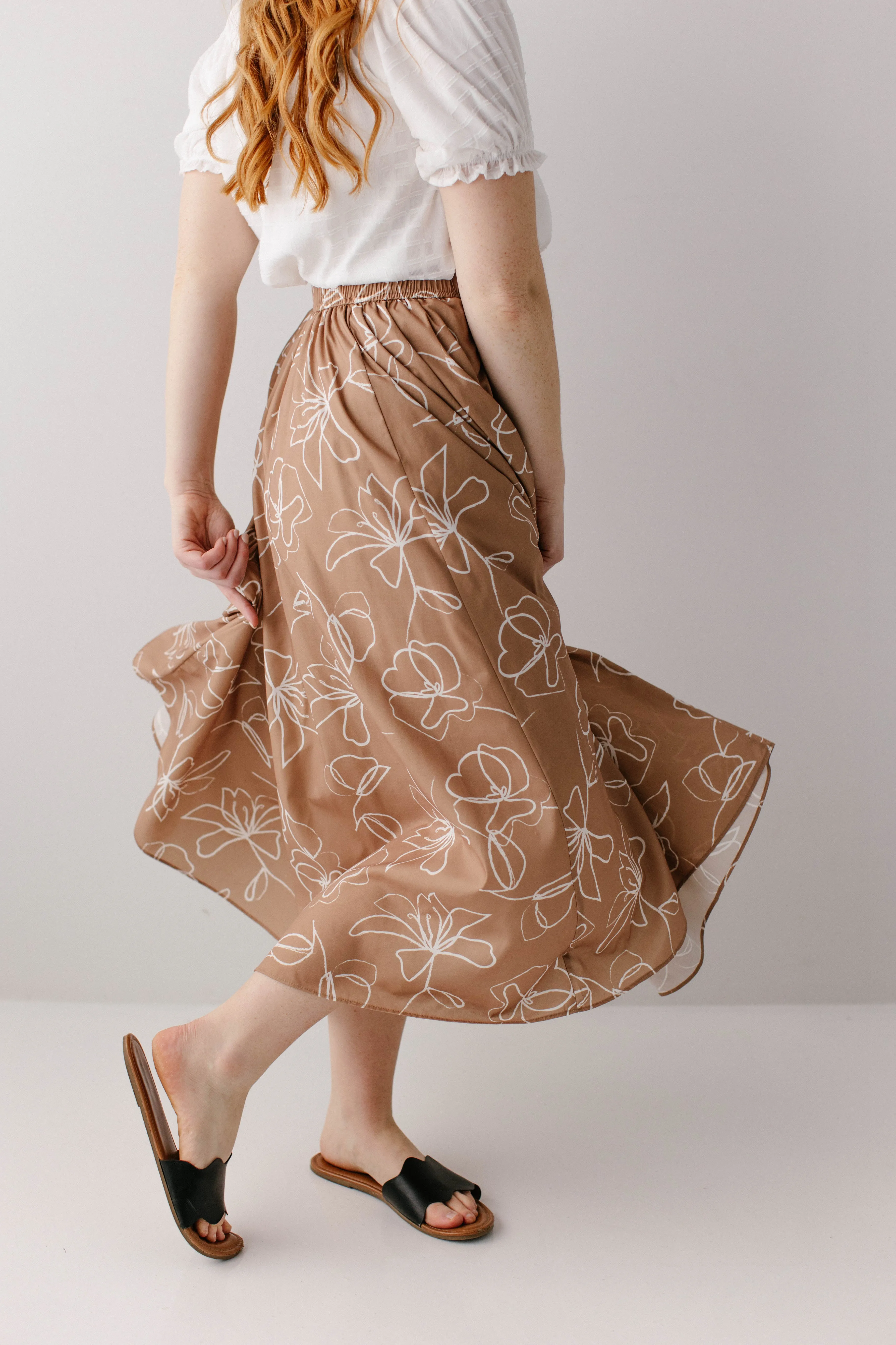 'Meadow' Abstract Floral Flared Midi Skirt in Mocha FINAL SALE