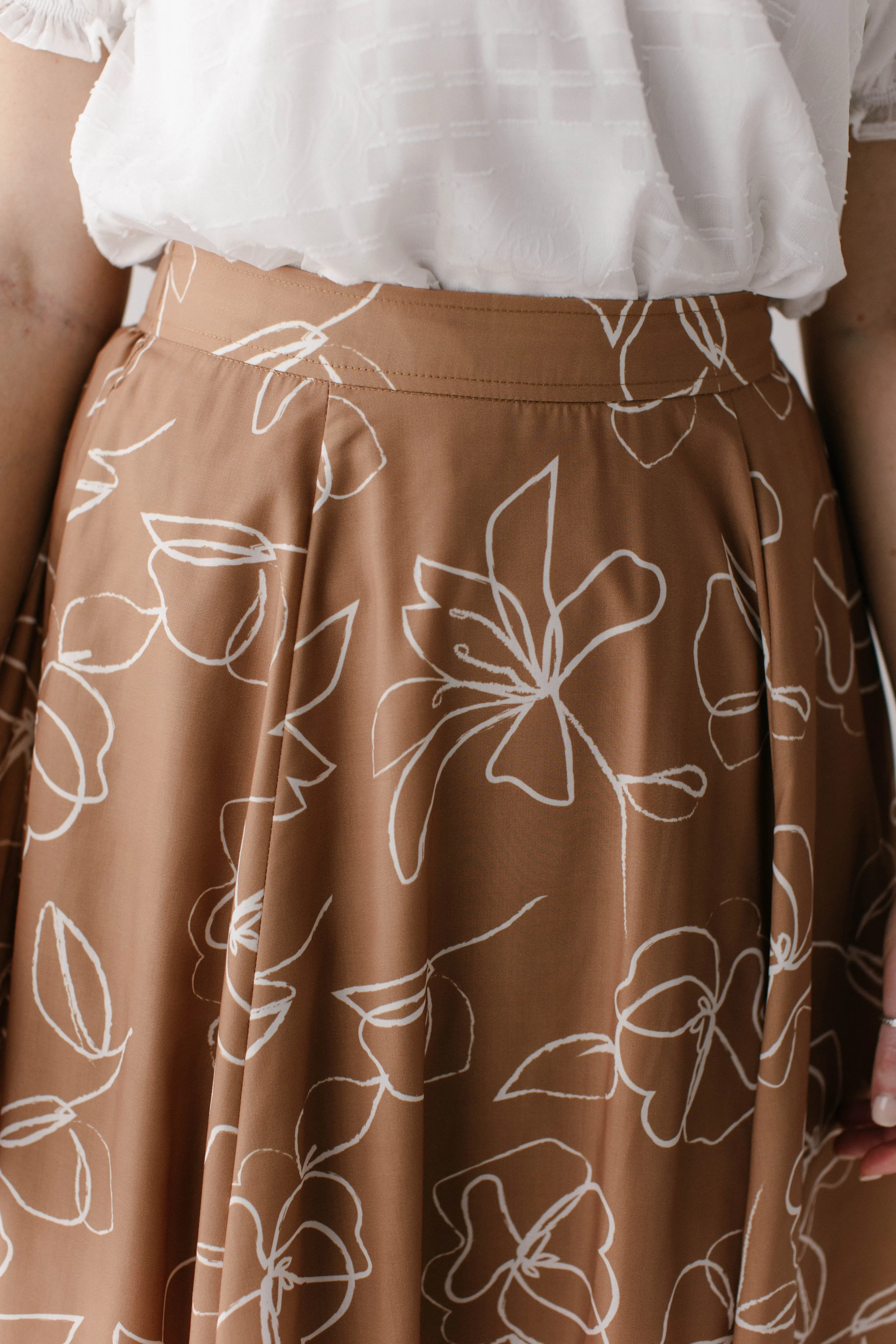 'Meadow' Abstract Floral Flared Midi Skirt in Mocha FINAL SALE