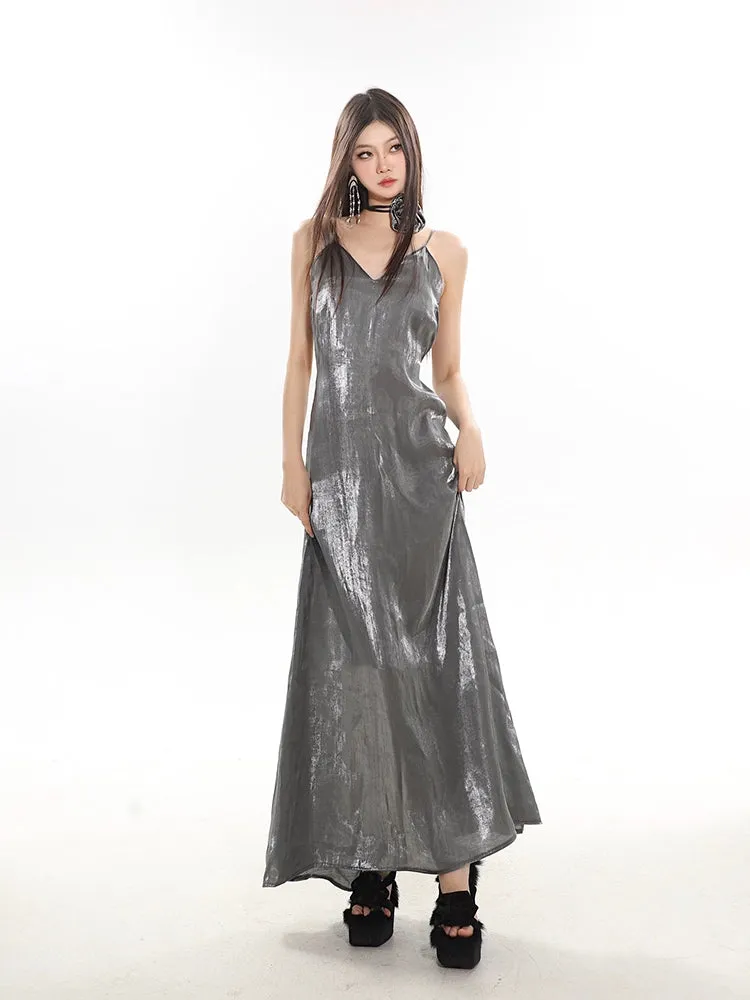 Metallic V-Neck Midi Slip Dress